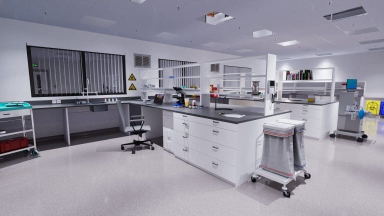 Modern modular laboratory with lab equipment, in a bright, sterile environment
